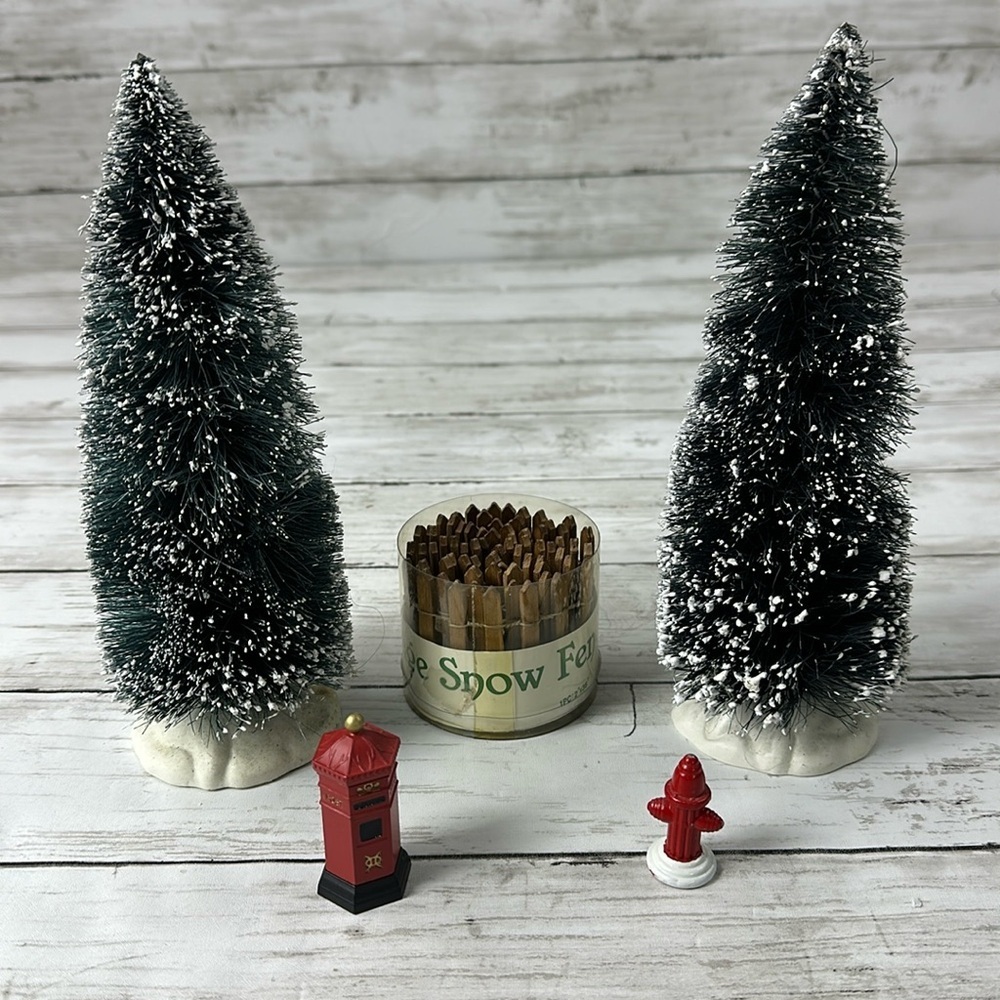 Christmas Village Dept 56 & Lemax Lot phone booth fire hydrant trees fence